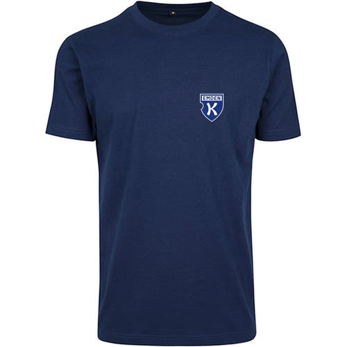 Fan-Shirt Kickers Emden Jugend in Navy mit Vereinswappen auf Herzhöhe, Vorderseite